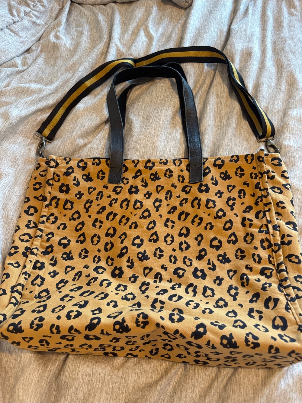 Leopard Print Canvas overnight Bag with Striped Shoulder Strap - Tan/Black